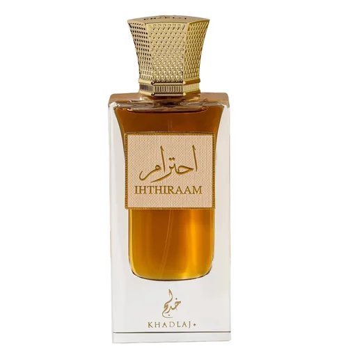 Frasco de Ihthiraam de Khadlaj, notas de Bergamota e Pimenta Rosa